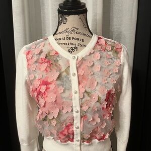Floral Karl Lagerfeld Embellished Cardigan - Pink and White